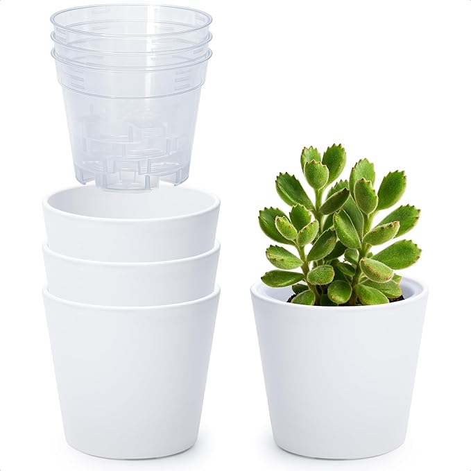 Phoenix Vine 4.5 Inch White Plastic Cachepot with Clear Nursery Pot, Decorative Lightweight Planter Cover with Transparent Inner Pot for Indoor Houseplants, Pack of 4, 24-B-D-4