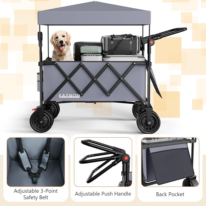 3 in 1 Collapsible Wagon with 300lbs Weight Capacity,150L Heavy Duty Utility Cart with Removable Canopy,with Big All-Terrain Beach Wheels & Drink Holders,Gray