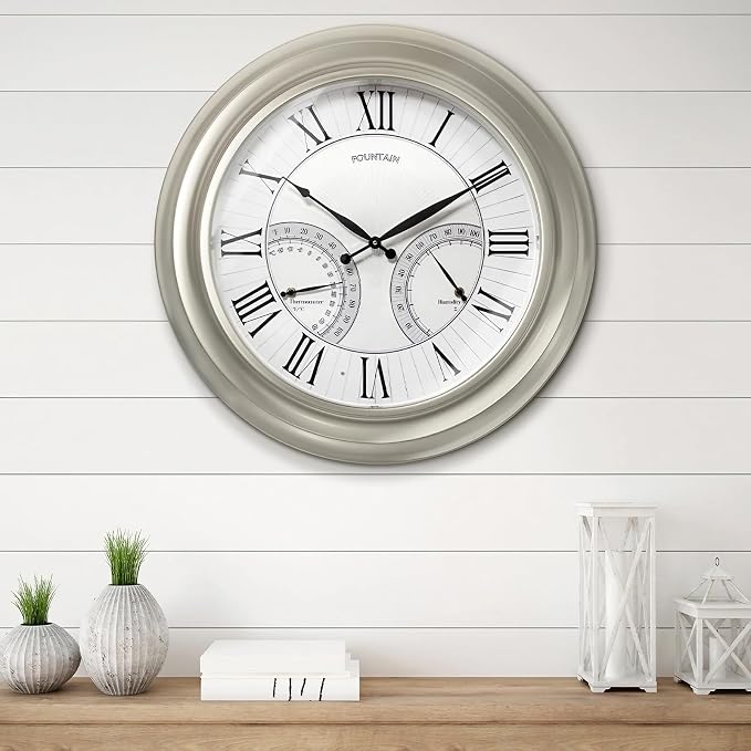 24 Inch Outdoor Clocks Waterproof, Self-Illuminated Large Outdoor Clock with Thermometer and Hygrometer Combo for Patio,Pool and Garden Decor,Roman Numeral,Morning Silver