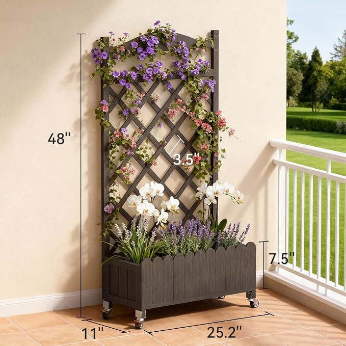 COMHOMA Planter Box with Trellis and Wheels, 48In Elevated Raised Garden Bed, Drainage Holes, Outdoor Lattice for Climbing Flowers, Vegetables, Patio Balcony, Brown