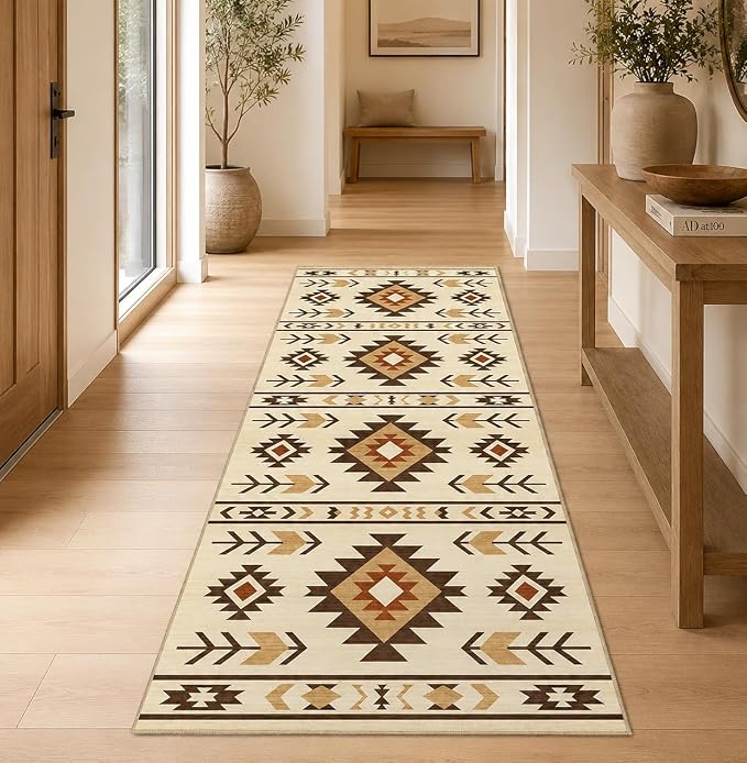 Western Runner Rug 2x6 for Hallway Kitchen Bedroom, Southwestern Aztec Tribal Runner Rugs Southwest Navajo Machine Washable Rug Non-Slip Printed Low-Pile Floor Carpet Mat for Living Room, Camel