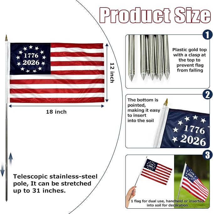 1776 2026 Small American Flag 12x18 Inch on Stick for Outside Yard and Garden, 6 Pack Betsy Ross US Hand Held Flags for 250th Anniversary July 4th Decorations
