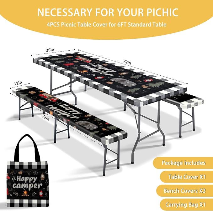Picnic Table Cover with Bench Covers, Camping Essentials, Fitted Camping Tablecloth with Bag, Waterproof and oilproof with elastic Edge for Indoor Outdoor Patio, 72in (Happy Camper)