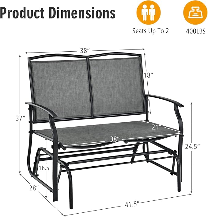 Outdoor Swing Glider Chair for 2 Persons, Rocking Seating Patio Bench w/Coated Steel Frame, Patio Loveseat for Backyard, Garden (Grey)