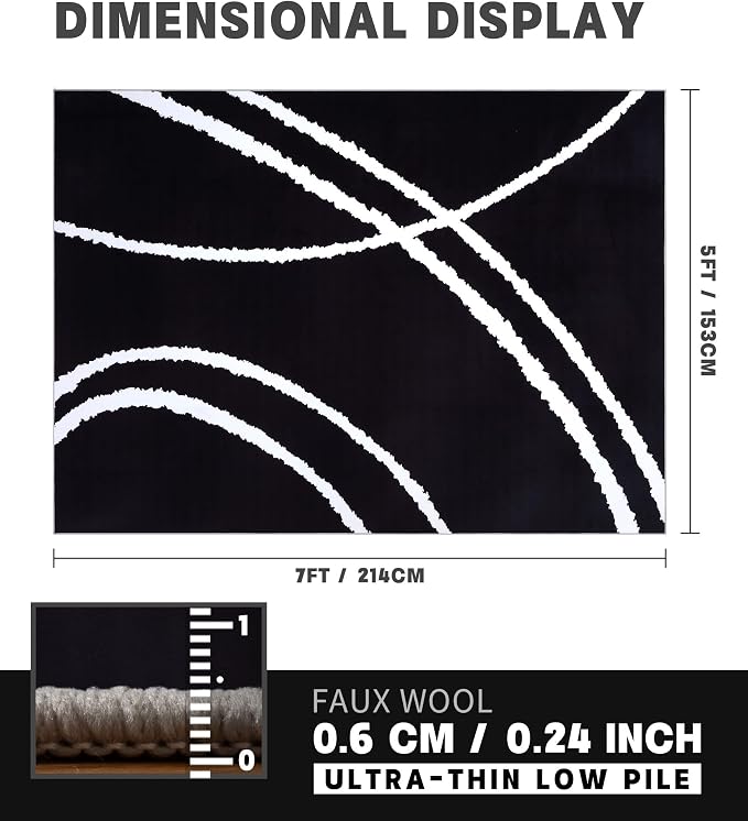 Black Modern Area Rug 5x7,Abstract Rugs for Bedroom,Minimalist Striped Rug,Black and White Geometric Rug,Dark Washable Area Rugs 5x7 Non Slip Throw Rugs for Bedroom，Office