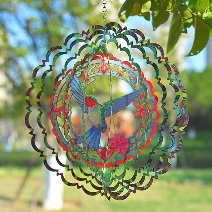Eandisom Wind Spinners Outdoor Hummingbird - Birthday Gifts for Women Mom Grandma, Hanging Wind Spinner 12 inch 3D Wind Sculptures for Garden Decor for Outside, Patio, Yard, Outdoor