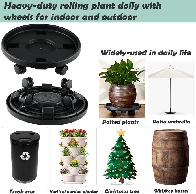 3 Pakcs Large Plant Caddy with Wheels 15.8" Rolling Plant Stands Heavy-duty Plastic Plant Roller Base Pot Movers Plant Saucer on Wheels Indoor Outdoor Plant Dolly with Caster Tray Coaster, Black