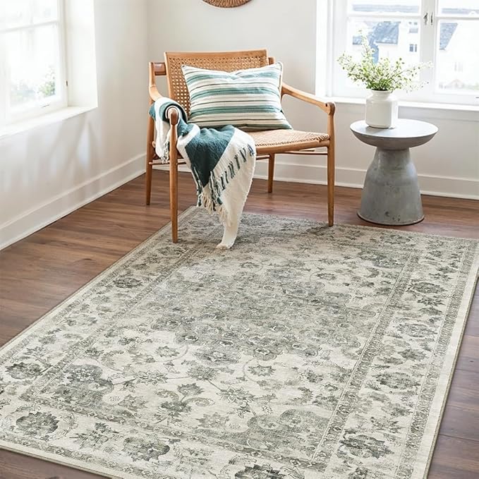 4x6 Green Neutral Area Rug | Washable, Non Slip, Soft Low Pile, Vintage Farmhouse, for Entryway Kitchen Bathroom Living Room Bedroom Indoor Home Decor
