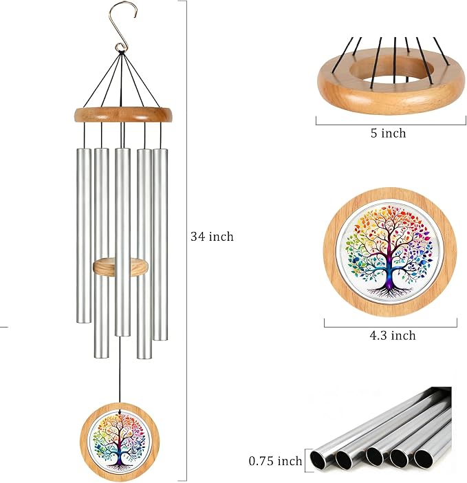 Wind Chimes for Outside, 34" Tree of Life Memorial Wind Chimes for Loss of Loved One, Garden Gifts for Mom Grandma Women, Deep Tone Wind Chimes for Yard Patio Porch Home Garden Outdoor Decorations