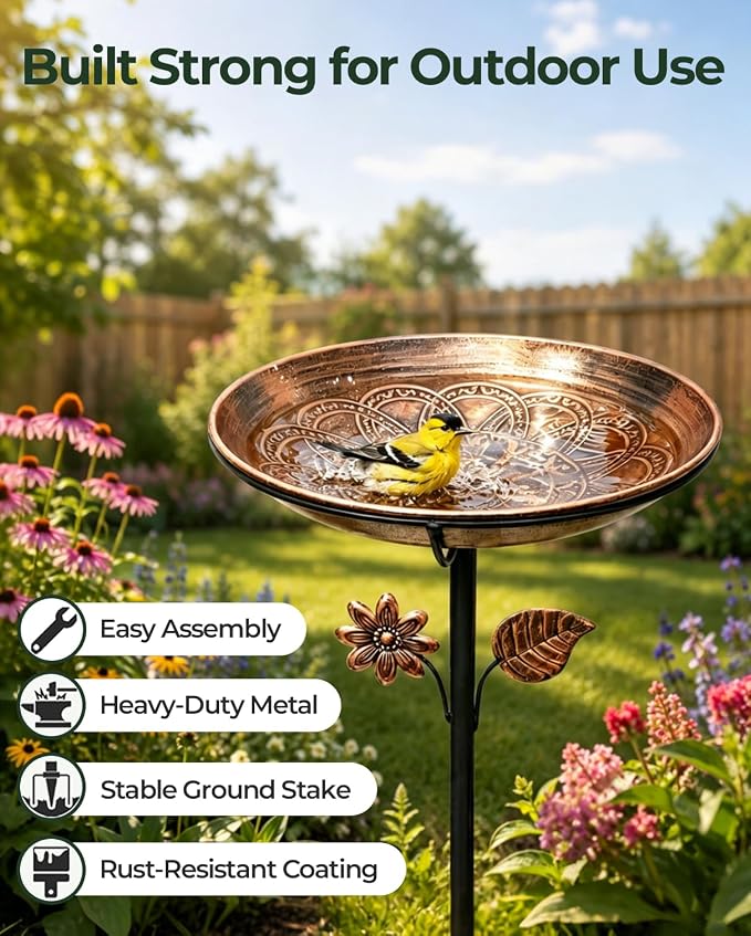 13" Metal Bird Bath for Outside | Rust-Resistant Outdoor Birdbath Bowl with Stake | Adjustable Height Garden Bird Bath, Removable Bowl,Easy to Clean for Yard Lawn Decor