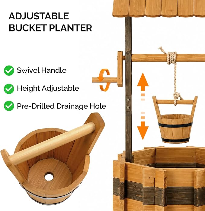VINGLI Wooden Wishing Well Outdoor Planters, Well Covers for Yard with 4 Reinforced Rods, Height Adjustable Hanging Bucket, Rustic Flower Pot Decor for Outside Patio Garden (Two-Tone, 25" Width)
