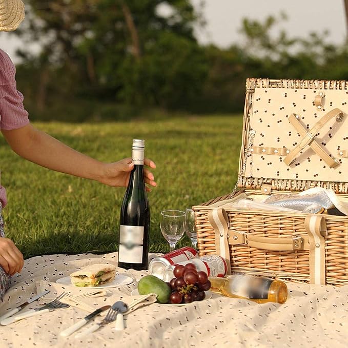 Willow Picnic Basket Set for 2 Persons with Large Insulated Cooler Bag and Waterproof Picnic Blanket, Wicker Picnic Hamper for Camping,Outdoor,Birthday