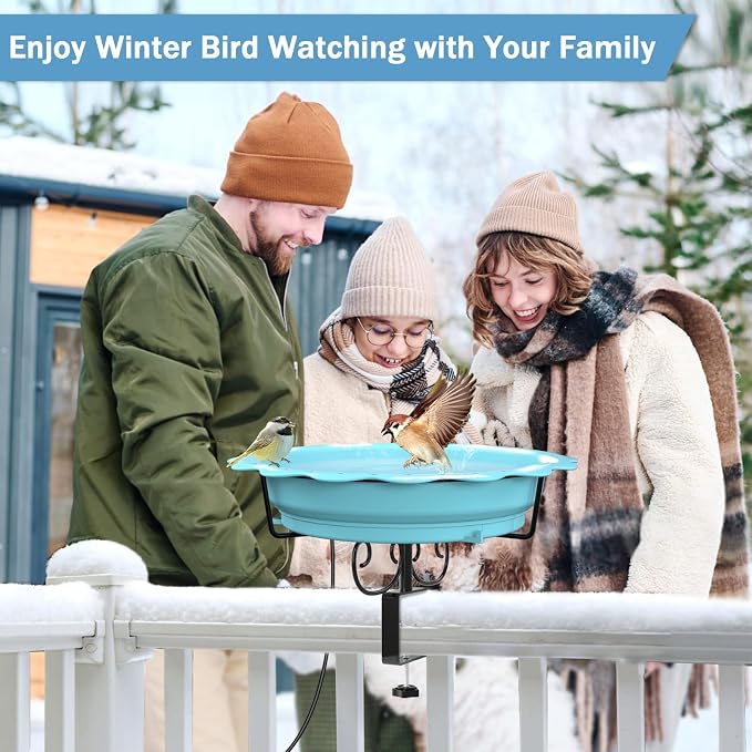 Heated Bird Baths for Outdoors, 100W Heated Bird Bath for Deck Railing, Heated Birdbath with Thermostat Control, Heated Bird Bath for Outside Winter Garden Patio Yard (Blue)