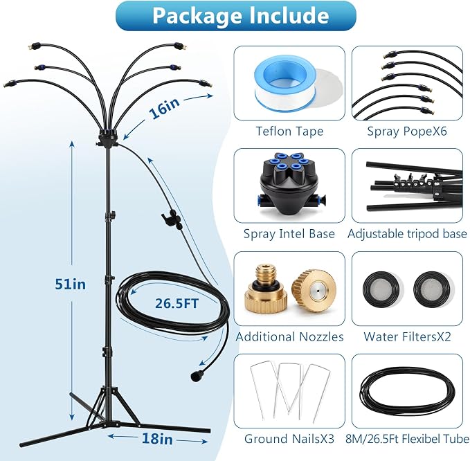 6-Nozzle Adjustable Standing Misters for Outside Patio - Stand Misting System for Cooling Outdoor Areas, Easy to Install & Maintain, Custom Coverage, Durable for Backyard Use.