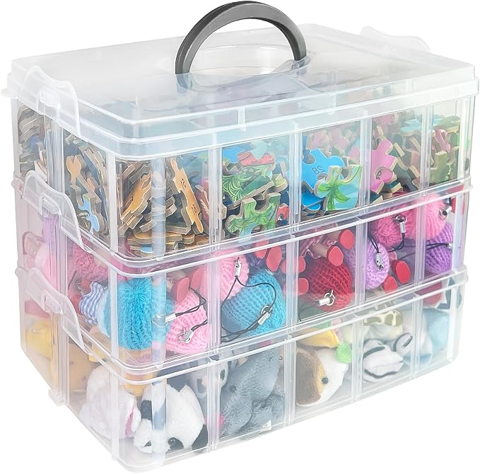 Guyuyii 3-Tier Stackable Bead Organizer with Adjustable Dividers and Handle | Portable Storage Case for Craft, Sewing, Jewelry Making | Compatible with Beads, Embroidery Floss, Washi Tape, Lego Pieces