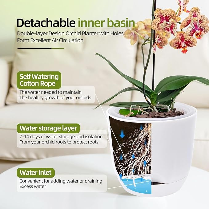 5.7Inch White Orchid Pots with Holes for Repotting, Double-Layer Plastic Self Watering Flower Pots for Indoor Plants with Drainage Holes, Clear Orchid Pot Match Decorative Orchid Container, 3 Packs