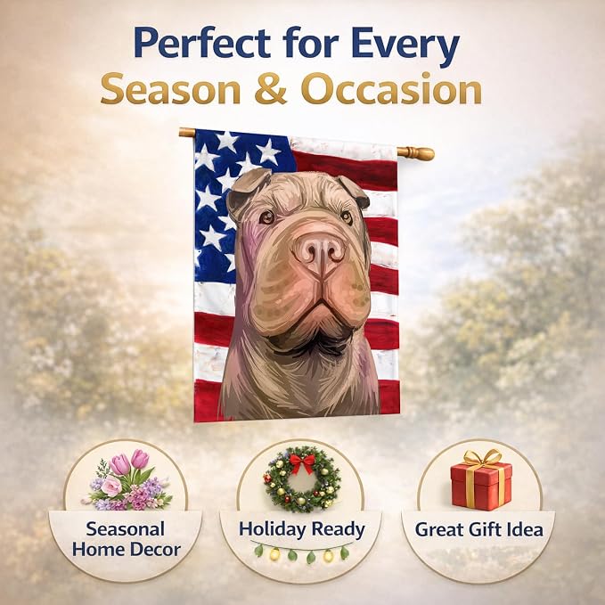 Caroline's Treasures CK6702CHF Shar Pei Dog American Flag House Flag Large Porch Sleeve Pole Decorative Outside Yard Banner Artwork Wall Hanging, Polyester, House Size, Multicolor
