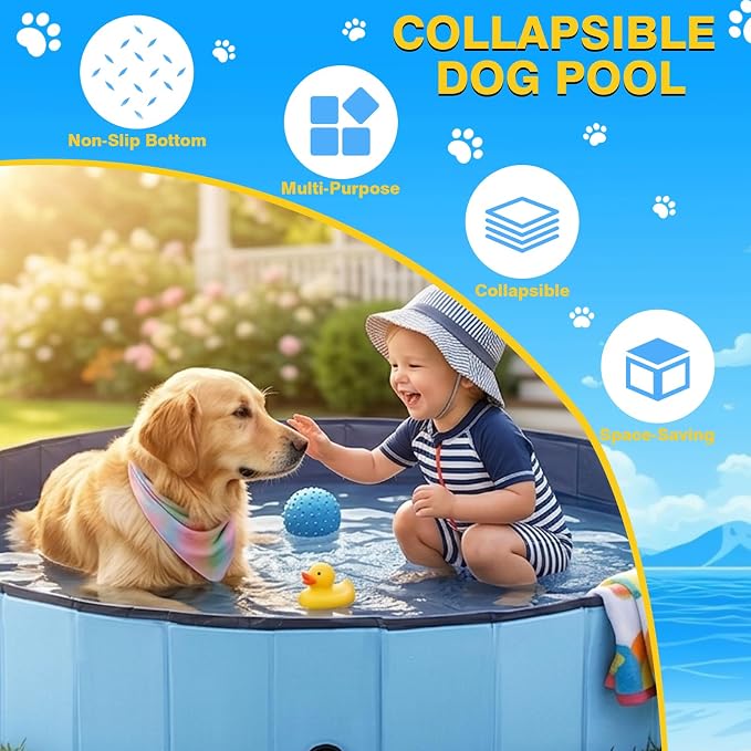 Eooqi Foldable Dog Pool, Collapsible Pet Bath Tub & Kiddie Wading Pool | Portable Hard-Side Dog Swimming Pool for Puppies, Small & Medium Dogs, Cats and Kids (Blue, 32"-S)