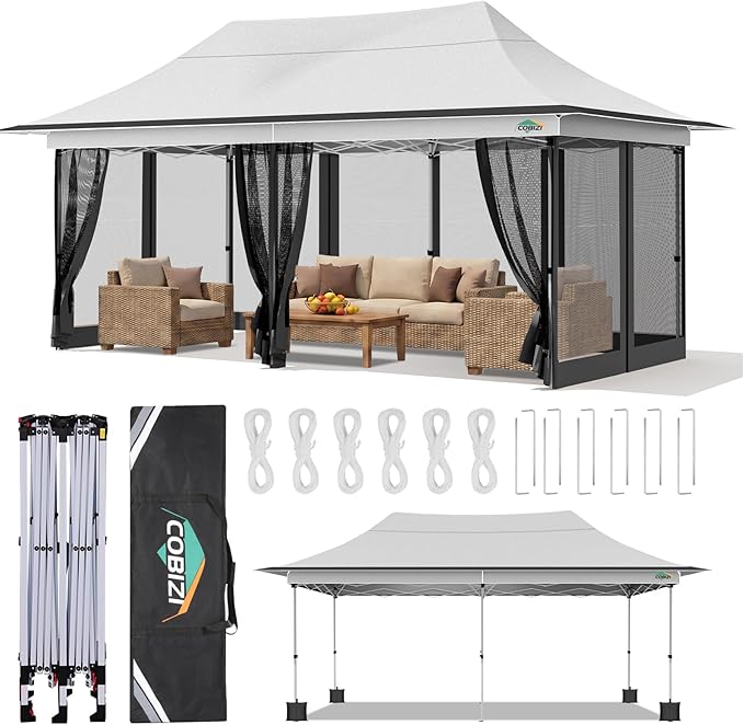 COBIZI 12x20 Pop up Canopy Tent - Gazebo, Party Tents for Parties, Carpas para Fiestas, Large Outdoor Popup Patio Screened Gazebos, Shelter Tents with Net for Backyard, Commercial,Light Grey