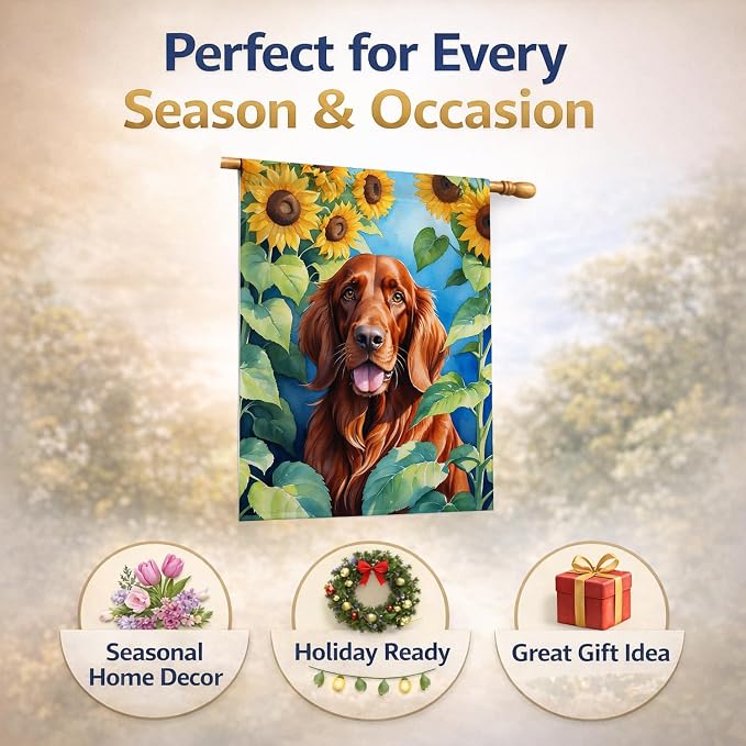 Caroline's Treasures DAC6098CHF Irish Setter in Sunflowers House Flag Large Porch Sleeve Pole Decorative Outside Yard Banner Artwork Wall Hanging, Polyester, House Size, Multicolor