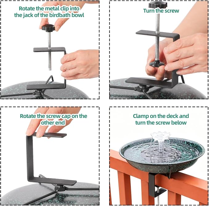 Yiabivo Deck Mounted Bird Bath with Fountain,Solar Railing Bird Bath Fountains for Hummingbirds,Adjustable Metal Durable Deck Bird Bath Holder for Railings, Garden,Patio Deck