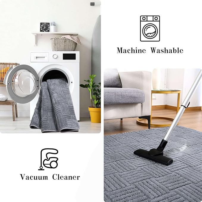 Grey Washable Shag Area Rug for Living Room, 6x9 Modern Geometric Non Slip Bedroom Rugs, Fluffy Soft Thick Carpet for Boys Kids Room, Dorm, Office, and Home Decor