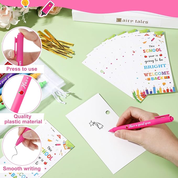 Marspark 30 Set Welcome Back to School Gifts Bulk Ballpoint Pens and Greeting Cards Set with Bags Twist Ties Bright First Day of School Gifts for Teacher Student Classroom Party Favors Supplies