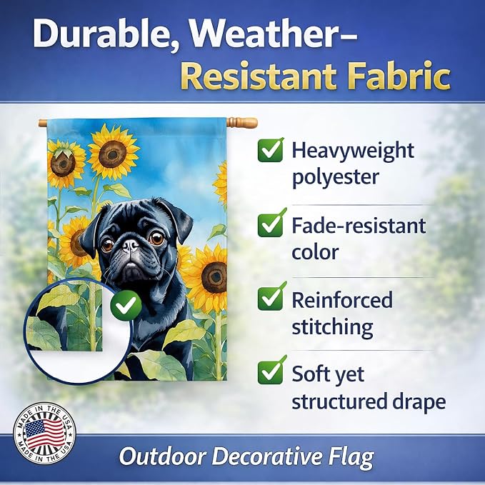Caroline's Treasures DAC6144CHF Pug in Sunflowers House Flag Large Porch Sleeve Pole Decorative Outside Yard Banner Artwork Wall Hanging, Polyester, House Size, Multicolor