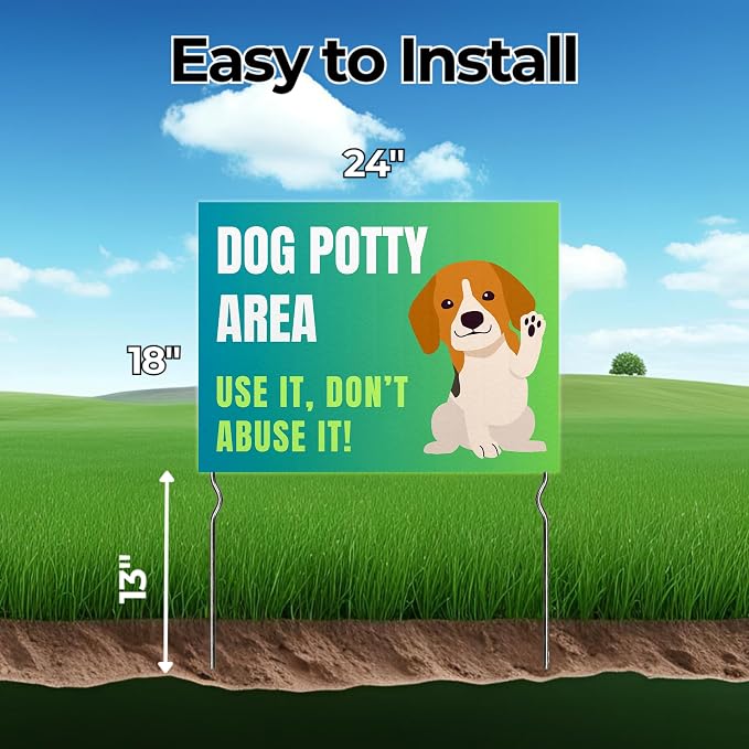 Dog Potty Area – Use It, Don’t Abuse It! Yard Sign by DC | 24"x18" Double Sided Pets Garden Sign with 13” Metal Stakes | Outdoor Signs Waterproof for Lawn, Patio, Sidewalk & House | Set of 4