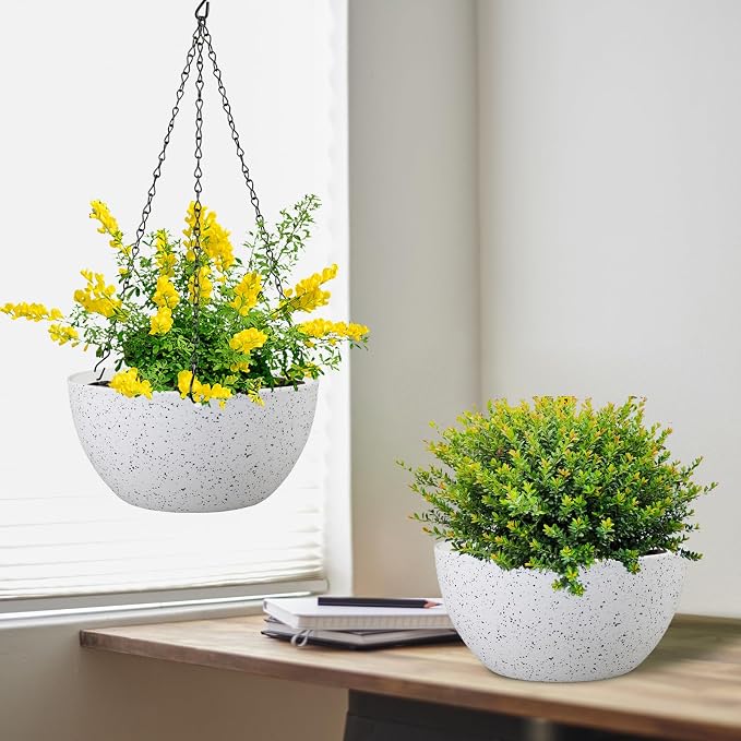 Meowell 12 inch Large Hanging Planters for Indoor Outdoor Plants, 2 Pack Hanging Flower Pots with Drainage Holes and Chain for Garden Porch, Plastic Hanging Baskets for House Plants, Speckled White