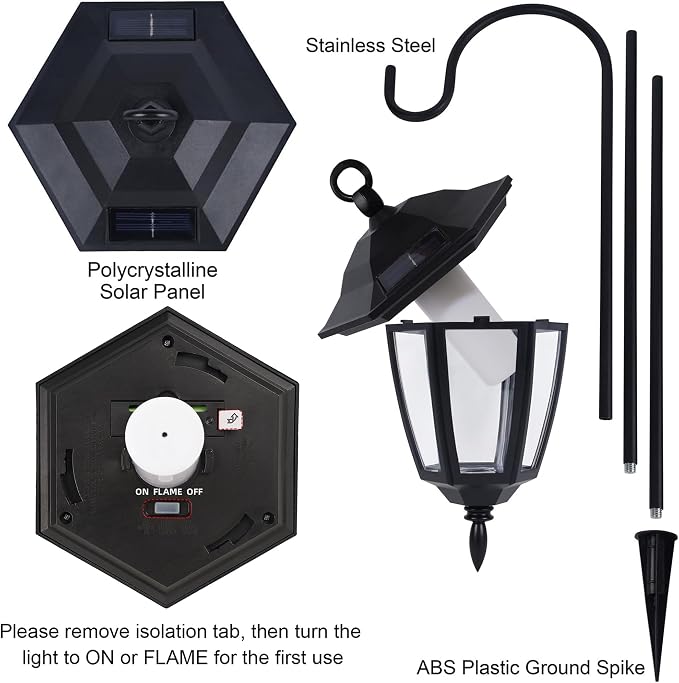 Dynaming 6 Pack Solar Flame Hanging Lights Outdoor, Halloween Solar Flickering Flame LED Garden Lanterns with 6 x 38 Inch Shepherd Hooks, Christmas Lighting for Lawn Patio Yard Pathway Driveway