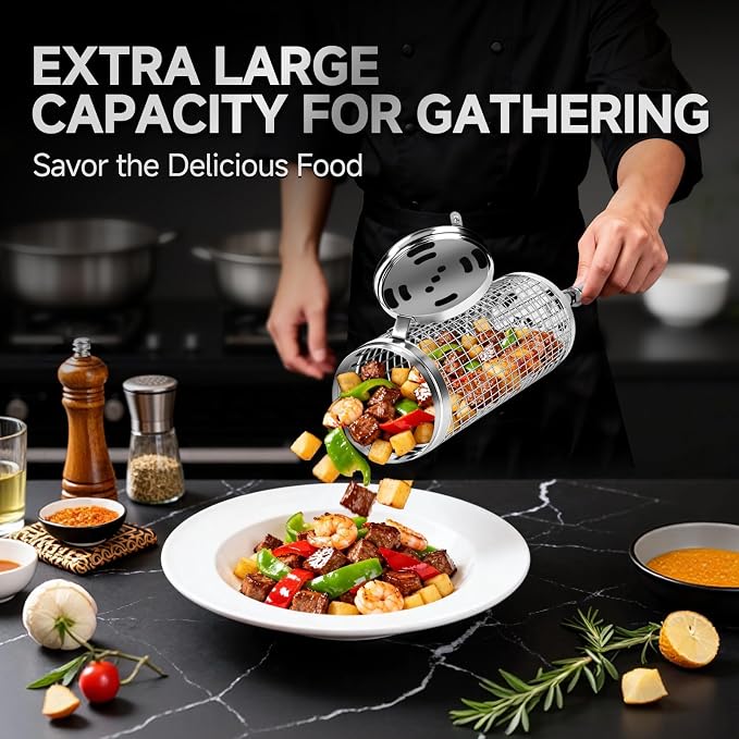 Chenovate® Heavy Duty Rolling Grill Baskets with Side-opening and Removable Handle,Grill Accessories for Veggies Shrimp Meat,Food-grade Stainless Steel,Kitchen Gadgets Fits Outdoor Cooking & Picnics,Camping Essentials,Ideal Gifts for Father's Day,Festi...