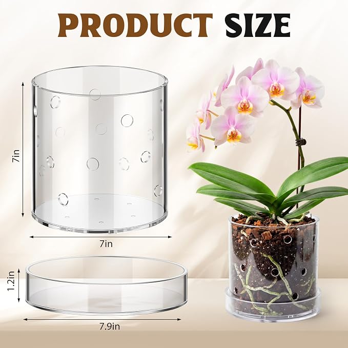 7 Inch Clear Acrylic Orchid Planter Pot with 360° Round Holes & Tray, Thick Acrylic Vented Planter for Phalaenopsis, Root Airflow, Bottom Watering & Indoor Orchid Repotting