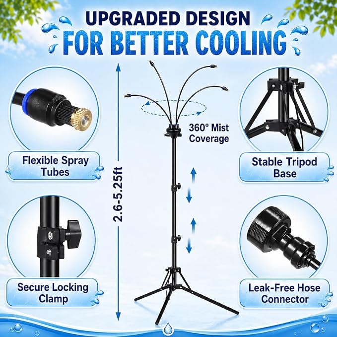 BobbleT Standing Misters for Chicken Coop, 5.3 FT Adjustable Poultry Cooling Misting System, 360° Full Coverage Cooling Portable Water Mister for Outside Patio, Helps Relieve Heat Stress, Reduce Dust