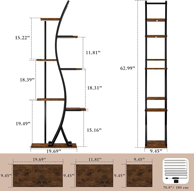 MJOMKN 62" Plant Stand Indoor with Grow Lights - 7 Tiered Tall Metal Plant Shelf - Corner Wooden Plant Stand for Indoor Plants Multiple, Large S-Shape Flower Rack Holder for Living Room, Garden, Patio Decor