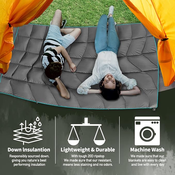 Outdoor Puffy Camping Blanket, Lightweight Down Alternative Printed Large Ultra Warm Quilt Waterproof for Traveling Picnic Beach Party Cold Weather (Green Mountain)