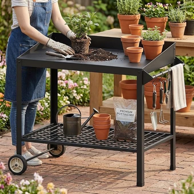 Metal Potting Bench with Wheels Planting Table for Outdoor Gardening Work Benches for Outside Potters Station Weatherproof