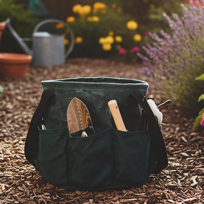 8 Pockets Canvas Tool Organizer Folds Flat to 3-Inch, Bucket Tool Organizer, Reusable Grocery Storage Tote for Garden/Home/Outdoor/Car, 13.5" D x 12.5" H | Dark Green