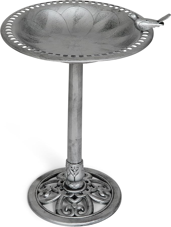 Outdoor Garden Bird Bath - Silver - Weather Resistant Polyresin - 30 Inch - Backyard Expressions