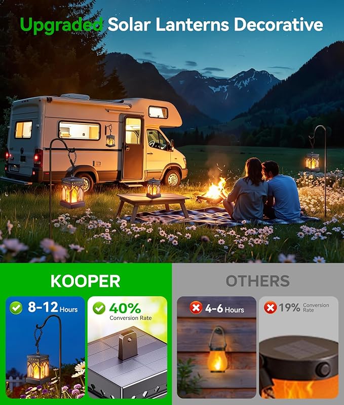KOOPER 4 Pack Solar Lanterns Outdoor Waterproof, Upgraded Flickering Flame Modes + Constant Modes Hanging Solar Lantern Lights for Outside, Lanterns Decorative Outdoor for Garden Table Yard Tree Decor
