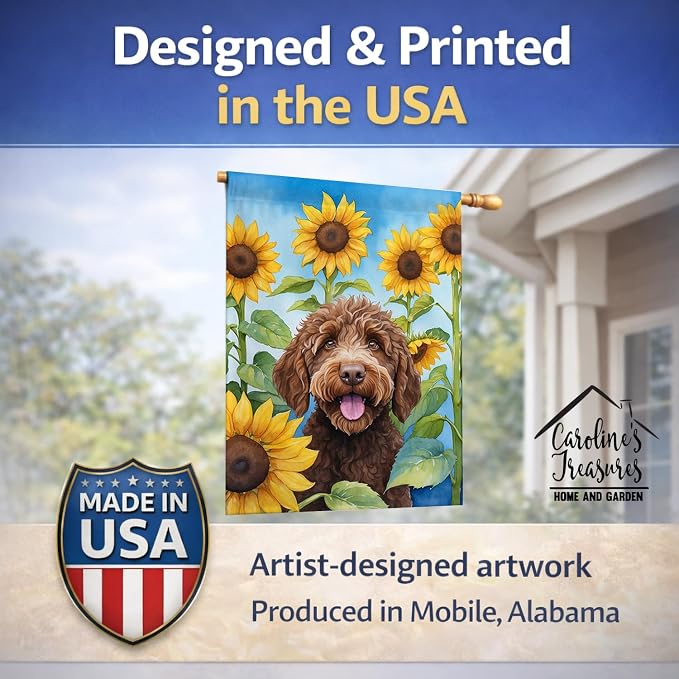 Caroline's Treasures DAC6112CHF Labradoodle in Sunflowers House Flag Large Porch Sleeve Pole Decorative Outside Yard Banner Artwork Wall Hanging, Polyester, House Size, Multicolor