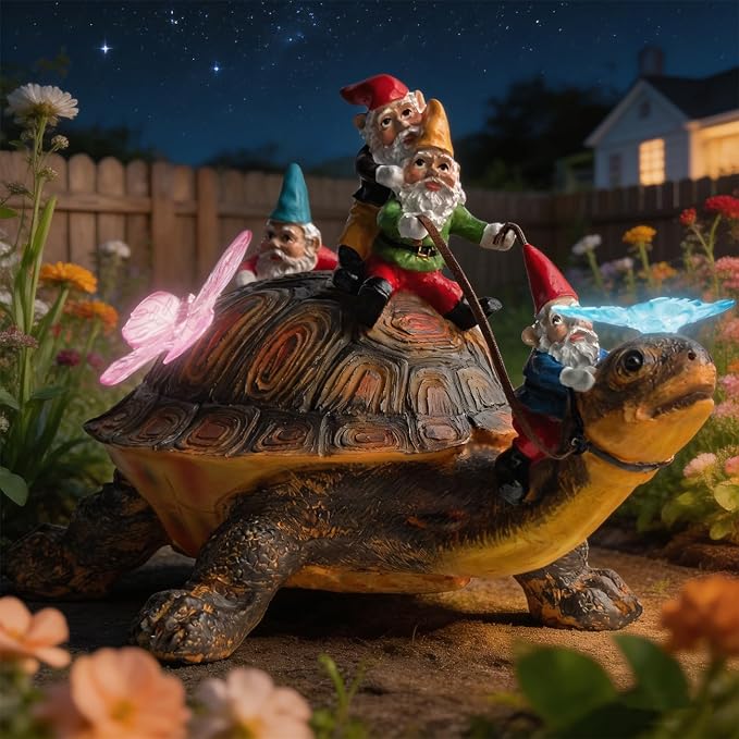 Sunthus Funny Garden Gnome with Solar Light Yard Art Resin Figurine Décor | Turtle Statue For Outdoor Garden Decorations
