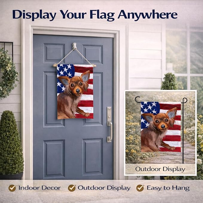 Caroline's Treasures CK6680GF Russian Toy Dog American Flag Garden Flag Mailbox Flag Decorative Yard Flag Banner Outside Patio Artwork Yard Flower Beds, Garden Size, Multicolor