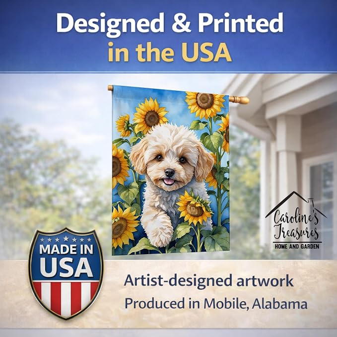 Caroline's Treasures DAC6118CHF Maltipoo in Sunflowers House Flag Large Porch Sleeve Pole Decorative Outside Yard Banner Artwork Wall Hanging, Polyester, House Size, Multicolor
