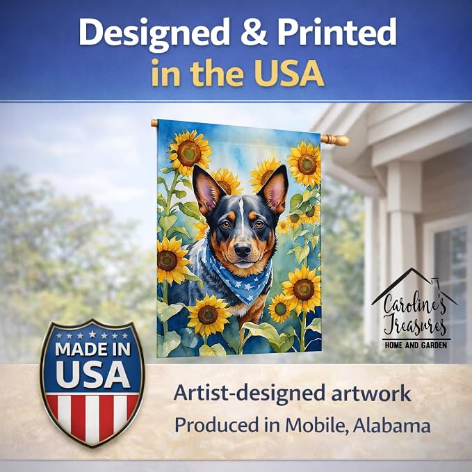 Caroline's Treasures DAC6013CHF Australian Cattle Dog in Sunflowers House Flag Large Porch Sleeve Pole Decorative Outside Yard Banner Artwork Wall Hanging, Polyester, House Size, Multicolor