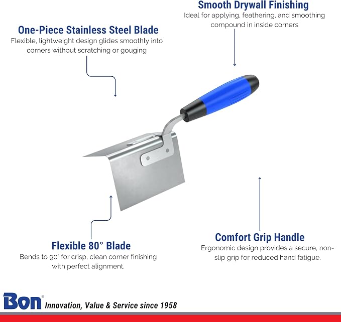 Bon Outside Corner Bullnose Trowel 5" x 3 1/2" with 5/8" Radius and Comfort Grip Handle | Stainless Steel, Flexible 80° to 90° Angle for Rounded Corners