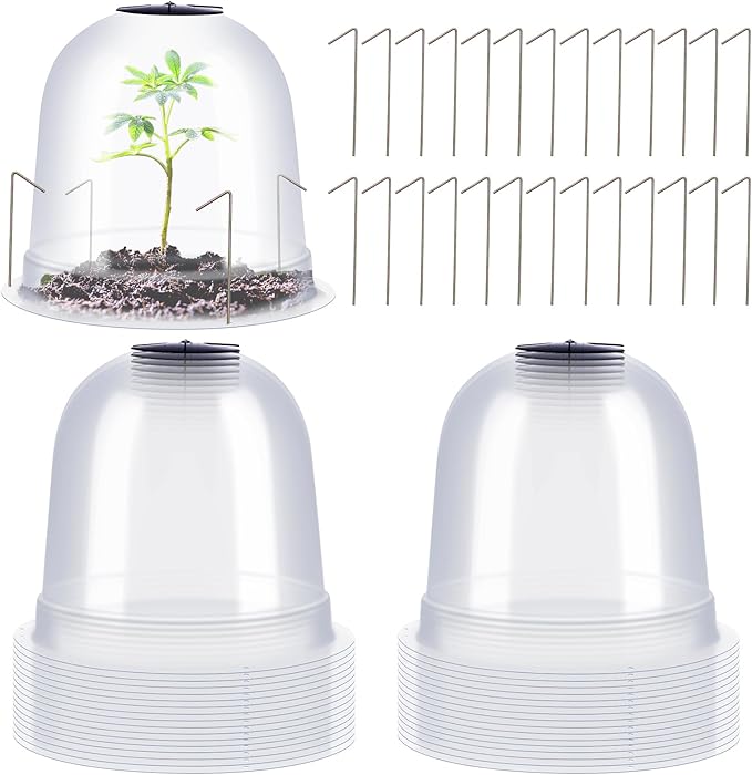 Zopeal 30 Pcs Plant Cloche Garden Plastic Humidity Dome Cover Small 7.68'' Dia x 6.7'' H Reusable Thick Protector Bell Clear Mini Greenhouses with 80 Securing Pegs for Outdoor Seed Frost Protection