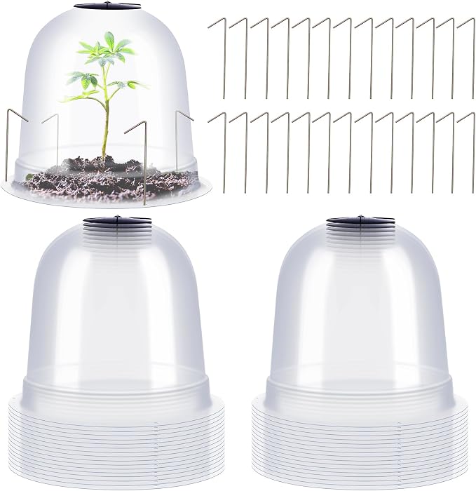 Zopeal 20 Pcs Small Humidity Plant Domes Garden Cloche 7.68" Dia x 6.7" H Reusable Thick Seedlings Frost Protector Covers Clear Plastic Mini Greenhouses with 80 Securing Pegs for Spring Outdoor Seed