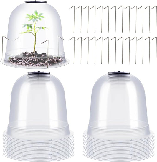 Zopeal 20 Pcs Small Humidity Plant Domes Garden Cloche 7.68" Dia x 6.7" H Reusable Thick Seedlings Frost Protector Covers Clear Plastic Mini Greenhouses with 80 Securing Pegs for Spring Outdoor Seed