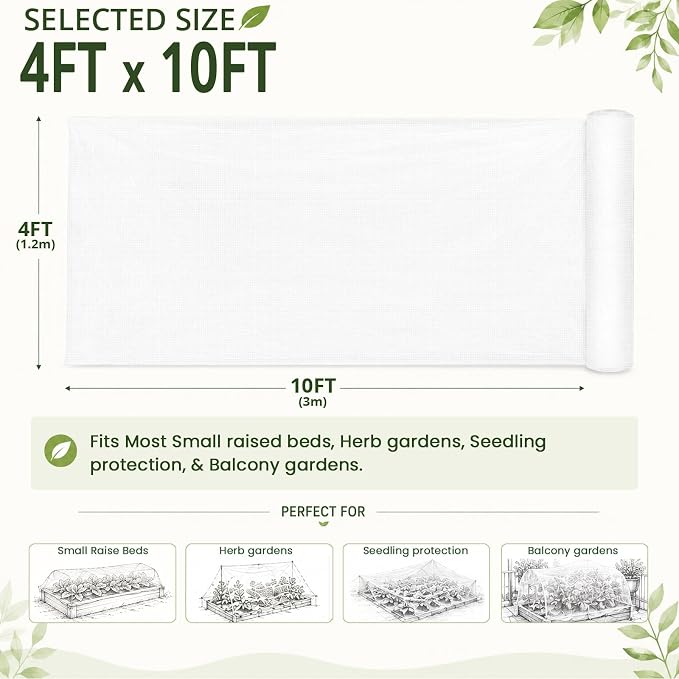 4Ft x 10Ft Garden Netting, Fine Mesh Insect Netting for Plant Protection, Mosquito Bug Bird Barrier Mesh Cover for Vegetables Fruits Flowers Raised Beds